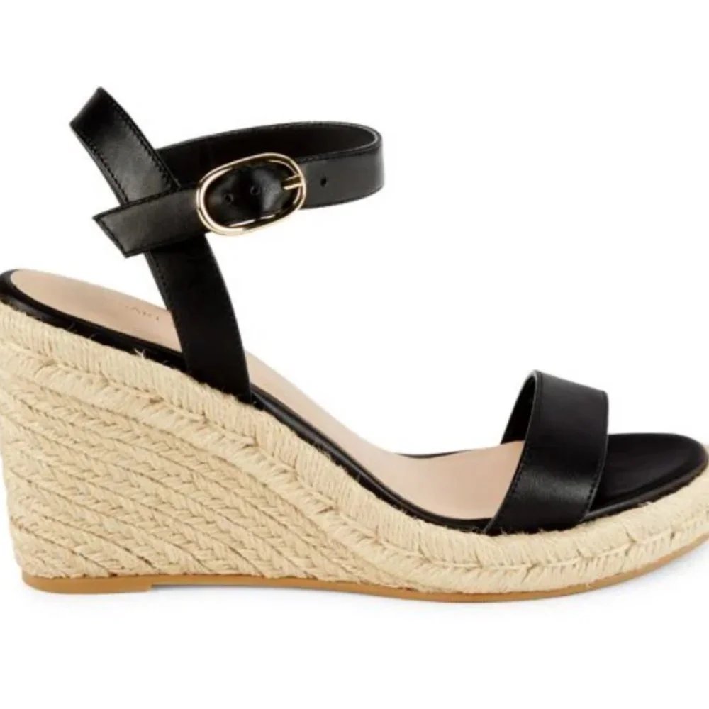 Stuart Weitzman Teddi Wedge Heel Leather Espadrille Sandals Womens 9.5 Black New